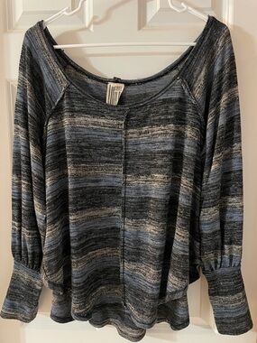 Oversized Free People Striped Lightweight Knit Top in Black and Blue Fits like L